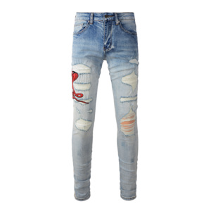 Quần denim nam co giãn cổ điển màu Đỏ rắn thêu quần jean đen đau khổ chắp vá rách xếp chồng lên nhau hip hop mùa đông - Product Image 1