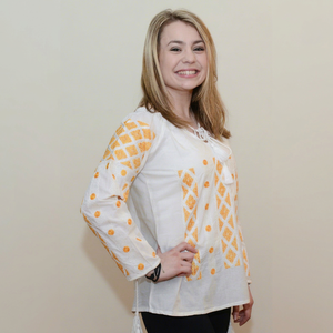 Chemisier blanc bohème brodé pour femme, col en V orange, manches mi-longues, coupe classique, 100 % coton popeline, haut printemps-été - Product Image 1