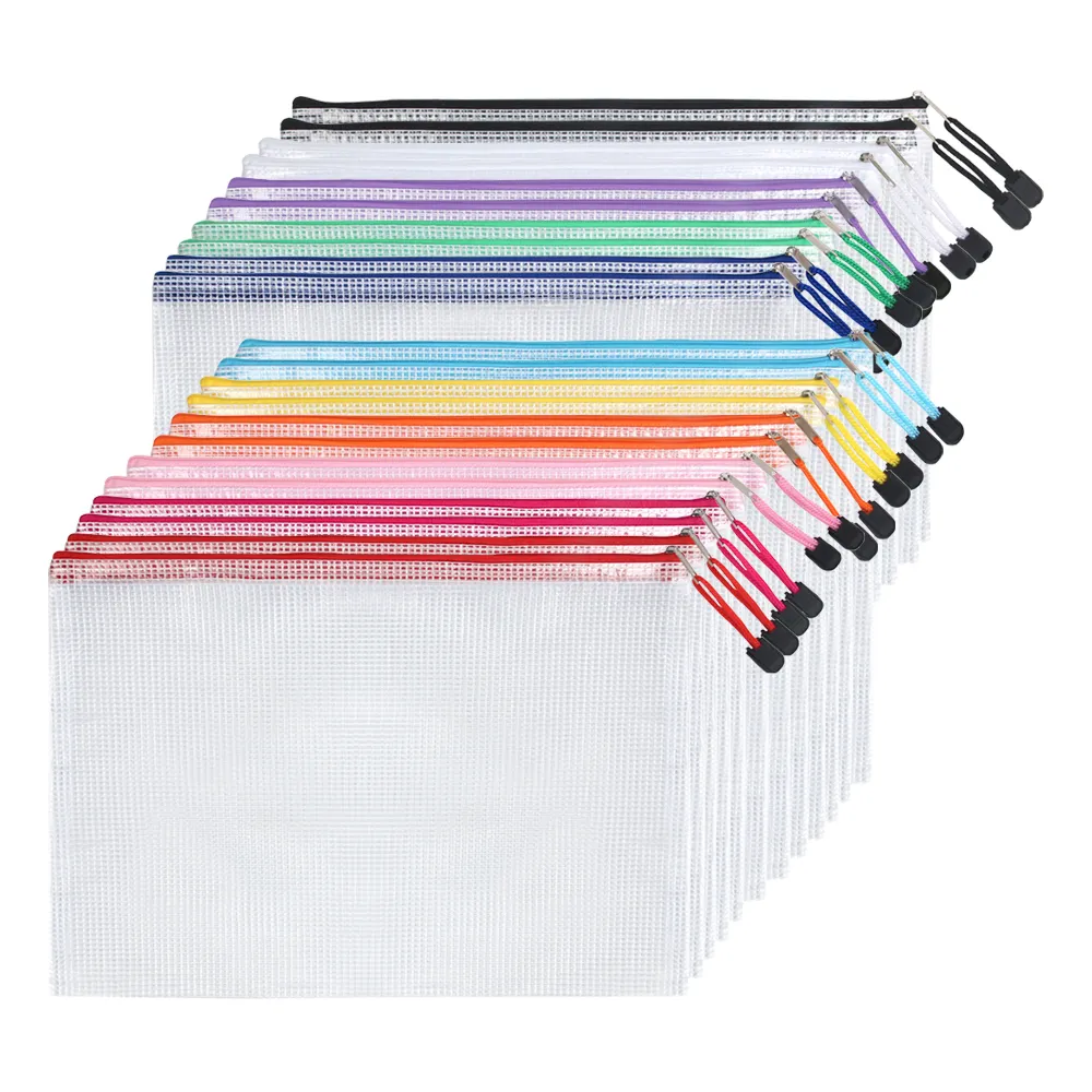 Custom Filing Products A4 Grid Zipper bag Wallets Folders PVC Transparent Mesh Document Bags for File Storage Paper Organization