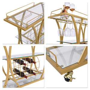 Melayani keranjang dengan pemegang kaca dan rak anggur, 3-Tier troli dapur dengan rak kaca Tempered dan bingkai logam Sepuh emas - Product Image 4