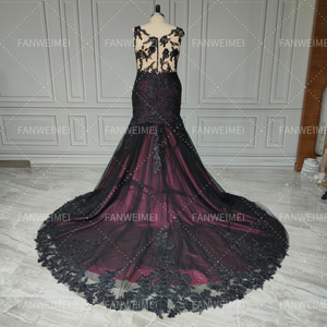 Gelin pelerin ile 17005 # zarif siyah ve mor düğün elbisesi Illusion geri balık kuyruğu gotik Mermaid resmi elbise gelin kıyafeti - Product Image 5