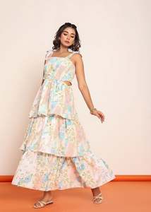 Robe longue imprimée à volants avec découpes latérales à la taille, robe décontractée pour femme en tissu léger, silhouette flatteuse - Product Image 3