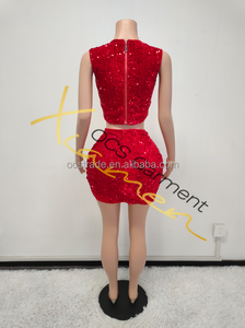 ชุดครอป2ชิ้นเสื้อแขนกุดปักเลื่อมชุดครอปท็อปและกระโปรงมินิแบบปะต่อโปร่งใสดีไซน์แฟชั่น MF - Product Image 4