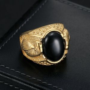 Bague Aigle en Acier Inoxydable Plaqué Or pour Homme, Bijou Géométrique avec Sertissage Clos, Pierre Verte et Noire, Rivets à Points, Cadeau - Product Image 3