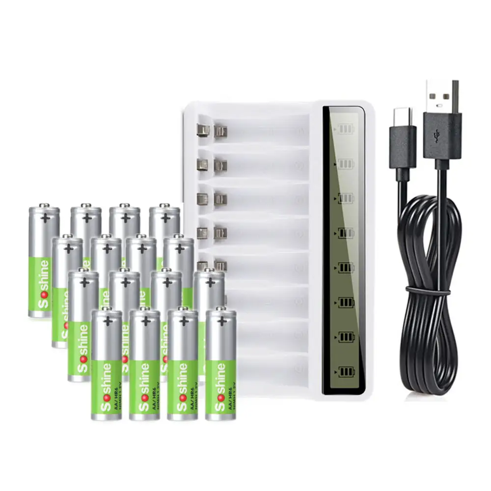 8 Bay AA AAA Battery Charger with LCD Display (USB Charging, Independent Slot) with 16 pcs AA Batteries