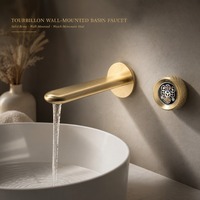 Robinet de lavabo mural en laiton doré brillant avec mitigeur chaud/froid et bec haut pour hôtel, villa, salle de bain, design cadran de montre tourbillon