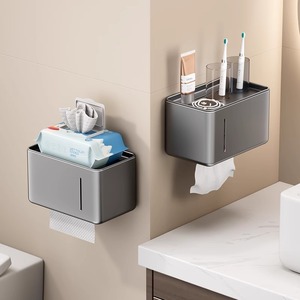 Portarrollos de papel higiénico rectangular para montar en la pared, color gris, duradero, con bandeja para almacenamiento. - Product Image 3