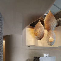 Projet de hall d'hôtel, grande décoration en forme de nid d'oiseau, lustre en rotin personnalisé, lampes suspendues