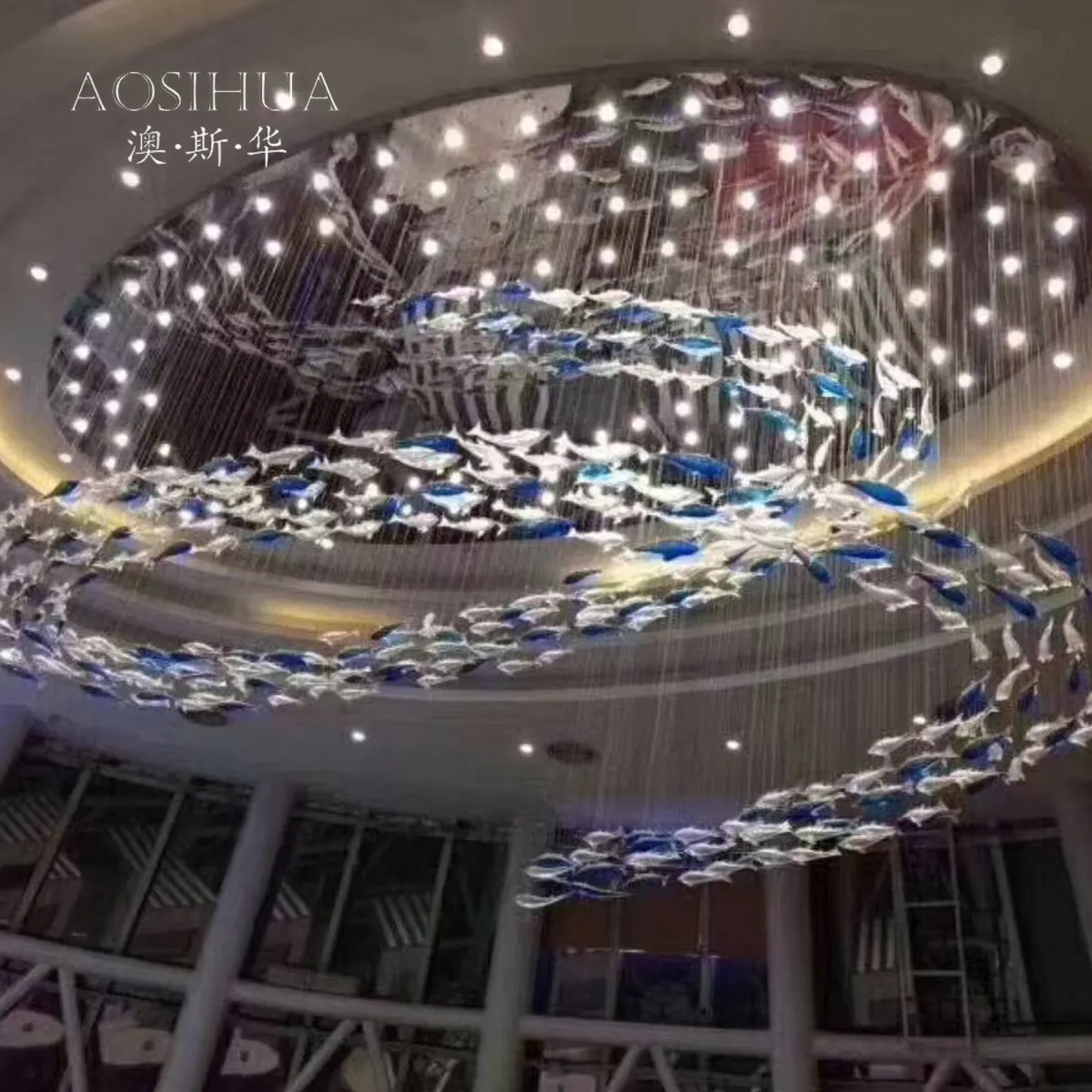 海のテーマ魚の手吹きガラスシャンデリア天井に取り付けられたランプホームヴィラ階段装飾シャンデリア