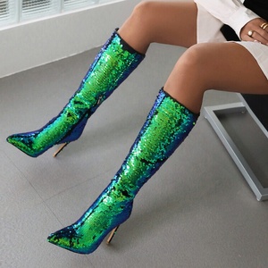 Fashion Glitter Shiny Upper Women's Knee High Boots High Thin Heels <b>Shoes</b> Side Zipper Pointed Toe Party Long Booties for Ladies - Product Image 4