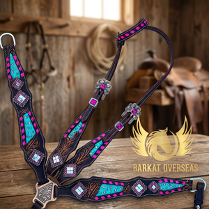 Juego completo de aparejos para caballo de montar inglés, color personalizado, con costuras reforzadas, en verde azulado, incluye cabezada y pechopetral de cuero natural suave para equitación. - Product Image 3