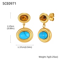 Pendientes de Turquesa Natural Ovalados en Acero Inoxidable Estilo Vintage con Baño de Oro PVD de 18k para Mujer