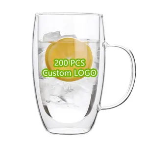 Venta al por mayor logotipo personalizado grande 350ml claro borosilicato aislado doble pared de vidrio de té de café tazas con mango