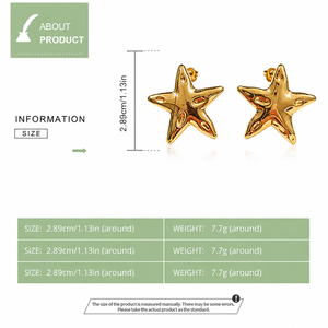 Pendientes de Estrella Abullonados para Mujer, Acero Inoxidable, Chapado al Vacío en Oro de 14K, Pendientes Escultóricos - Product Image 2
