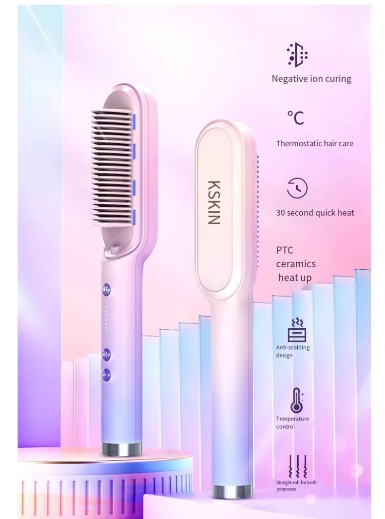 Ionic gốm LED ánh sáng màu xanh tóc ép tóc bàn chải Lược 2in 1 Anion 20 triệu ion âm tóc ép tóc và Curler Lược