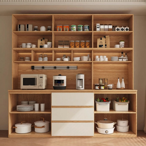 Buffet moderne en bois naturel avec portes en rotin tressé, armoire de cuisine intégrée avec éclairage LED et station d'appareils électroménagers - Product Image 2