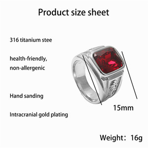 yunnique Men's <b>Titanium</b> Steel Square <b>Ring</b> Red Stone Bezel Setting Fashion Jewelry Gift - Product Image 4