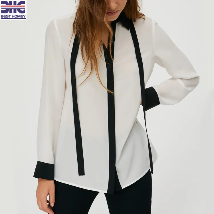 Stylish design white long sleeve tie collar pure silk crepe de chine shirt blouse with concealed button for women