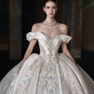 Robe de mariée de luxe Lsjj123 en satin ivoire perlé avec traîne, élégante robe de bal pour la mère de la mariée, grandes tailles - Product Image 5