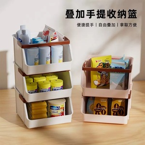 Stackable Plastic Storage Basket With Handle Rectangle Kitchen Desktop Organizer Neatening Storage Solution - Product Image 3