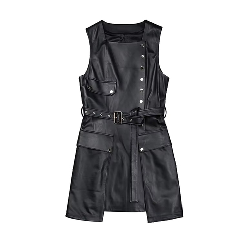 1502 High Fashion Women Dress Luxurious Lambskin Genuine Leather Short Dress