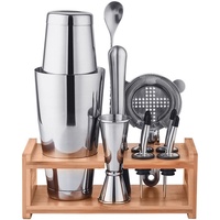 Ensemble Boston Shaker en acier inoxydable avec double récipient, support en bambou à étagère ouverte, passoire perforée et doseur – Idéal pour bar à domicile, fête ou cadeau