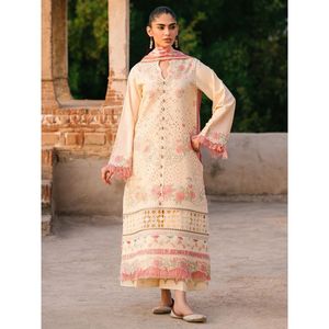 Élégante combinaison en tissu lawn orange brodée, 2 pièces, avec détails en dentelle et franges - Product Image 1