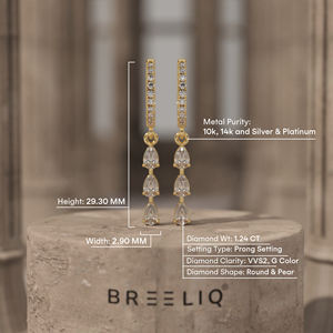 White Gold Triple Pear Diamond <b>Drop</b> Earrings Elegant Pave Set Round and Pear Cut Diamond Dangle Hoops - Product Image 4