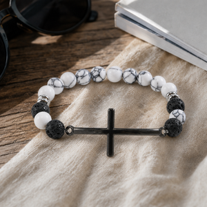 Braccialetto Go2boho con <span class=keywords><strong>Croce</strong></span> <span class=keywords><strong>Nera</strong></span>, Perline Rotonde Bianche Effetto Marmo, Gioiello Regalo Religioso Placcato Nero - Product Image 3