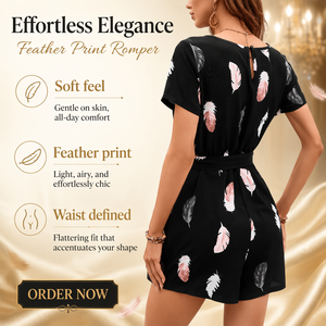 Combinaison à manches courtes pour femmes, imprimé plumes, col rond, taille élastique, ceinture à nouer, combinaison d'été décontractée, multicolore - Product Image 4