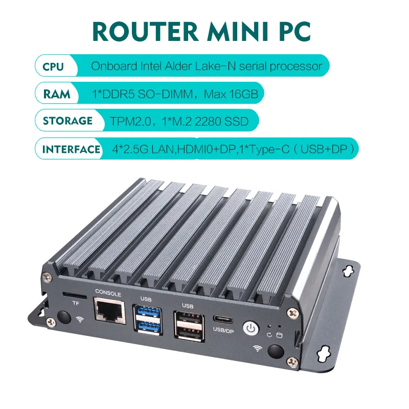 Piesia Mais Recente Roteador Industrial DDR5 4Lan Mini Computador Host N300 N100 N95 16gb M.2 SSD 128gb 512gb WIFI BT Fanless Mini PC X86