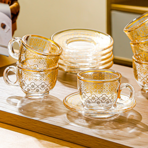 Tazza da Caffè in Vetro con Motivo Dorato Raffinato, Alta Qualità, Resistente al Calore, con Piattino, per Casa e Caffetteria, Vendita Calda - Product Image 2
