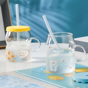 Copos de vidro de palha de silicone, bonito, desenho animado, para animais de estimação, com cobertura de silicone, copo de vidro de água no gelo, alta qualidade, venda imperdível - Product Image 4