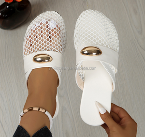 Летние женские повседневные сандалии-лоферы из однотонной ткани с сетчатой поверхностью, плетеной подошвой и пряжкой на носке - Product Image 4