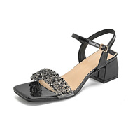 Sandales à talons épais pour femmes avec strass, talon haut, tendance mode, bride à boucle, taille 125-1, or, argent, noir
