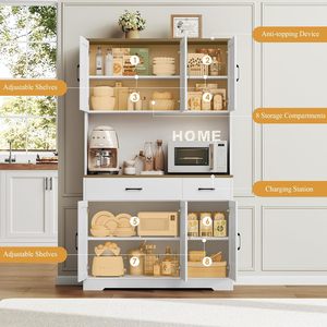 Hoher Küchenschrank Speisekammer Aufbewahrungsschrank Mikrowellenständer Anrichte mit Schubladen Bauernhaus-Küche Ladestation Weiß - Product Image 5