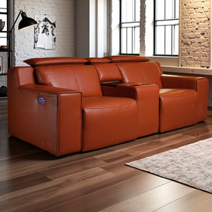 Kursi proyek Villa mewah kulit asli oranye kursi ruang tamu elektrik <span class=keywords><strong>Sofa</strong></span> kursi kursi bioskop teater rumah dengan konsol - Product Image 1