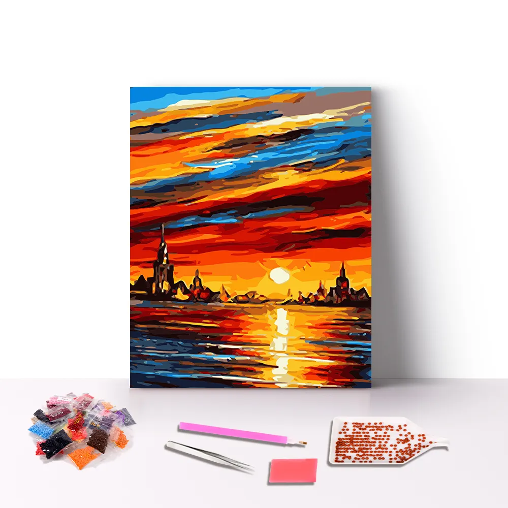 Wholesale 30x40 40x50 sunset landscape 3D handmade round drill diamond seascape diy painting