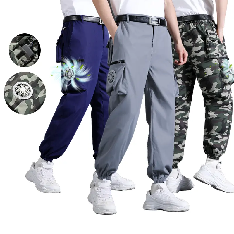 Yenilikçi soğutma yüksek teknoloji Fan pantolon hafif nefes inşaat işçileri kaynakçı Fan erkek pantolonları klima pantolon