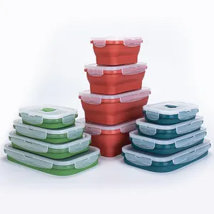 BPA Free Microwave Freezer Safe Set 4 Stacking Collapsible Silicone Food Storage Container Lunch Silicone Bento Box