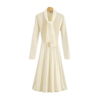 Ensemble Femme Automne/Hiver 2025 Nouvelle Collection Haut de Gamme Élégante Robe Longue Plissée en Maille Unie à Nœud Manches Longues Tendance Cintrée à la Taille