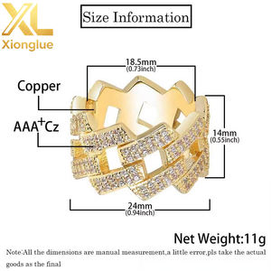 Anillo Cubano de Cobre Chapado en Oro de 18K con Doble Hilera de Circonitas, Anillo de Moda Hiphop para Hombre - Product Image 2