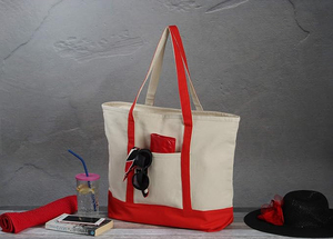 Bolsa de Mano Ecológica Premium para Compras, Playa, Yoga, Multibolsillos, Resistente, de Lona, Color Azul Marino y Rojo, con Bolsillo - Product Image 5