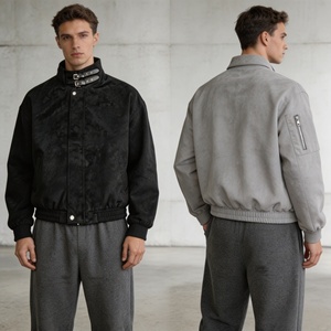 <b>Men's</b> <b>Suede</b> Bomber <b>Jacket</b> Stand Collar Zipper Closure Casual Autumn Wear Solid Color Regular Fit Gray and Black Options - Product Image 2