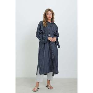 Puane Women's Elegant <b>Navy</b> Blue Striped Tunic Shirt with Adjustable Belt and <b>Tie</b>-Detail Sleeves for Casual and Office Wear - Product Image 1