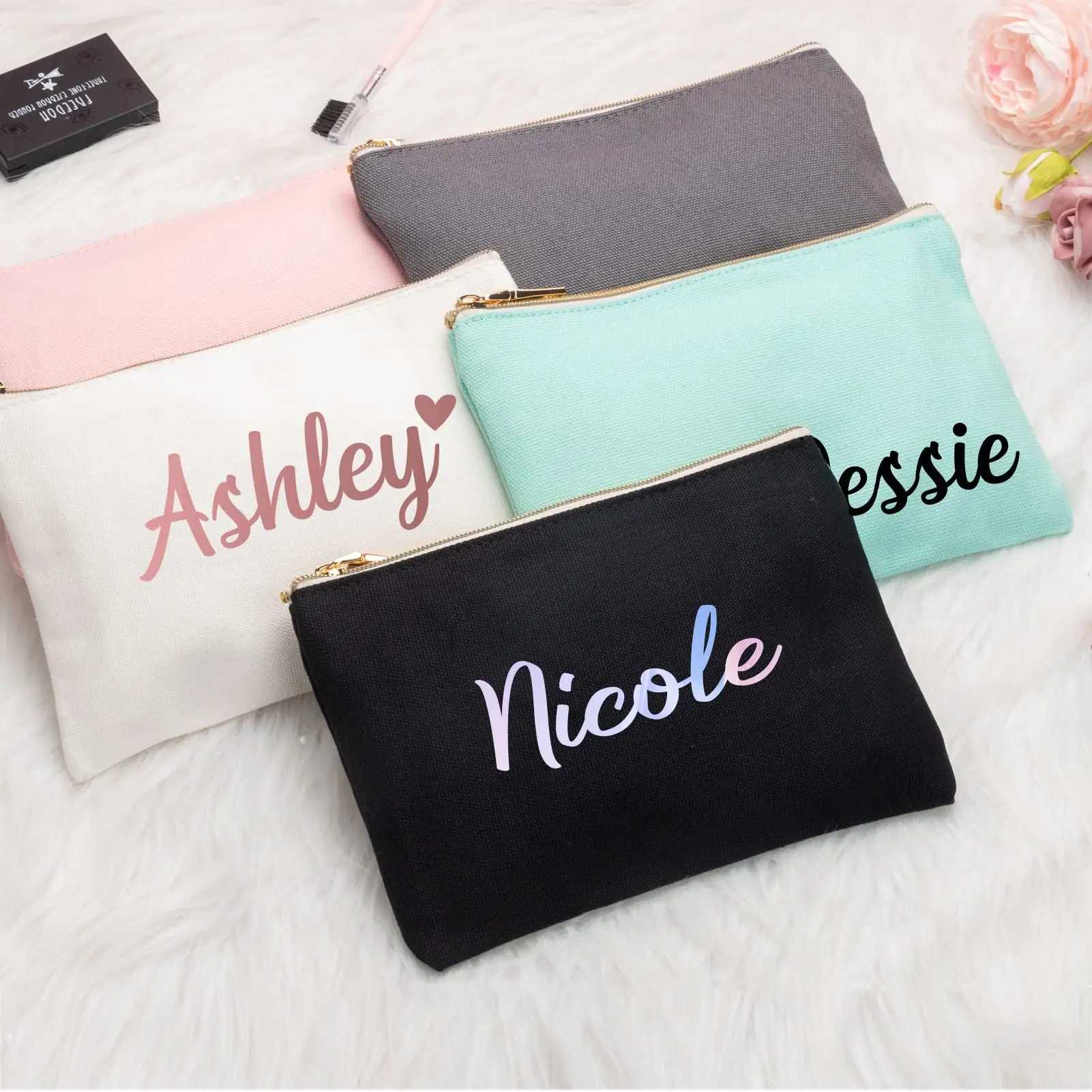 Custom Logo Canvas Colorful Zipper Pouch Travel Toiletry Cotton Canvas Cosmetic Makeup Bag for Pencil Case Bags