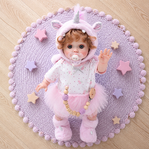 Poupée Reborn de 18 pouces en vinyle intégral, costume <span class=keywords><strong>licorne</strong></span>, tutu rose, haut fleuri, cheveux bouclés, poupée nouveau-né pour jeu d'imitation - Product Image 6
