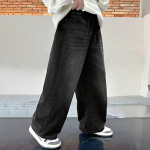 Jeans rétro pour garçons, noirs délavés, taille élastique, coupe large, pantalon en denim, style streetwear tendance, avec poches, personnalisé - Product Image 3