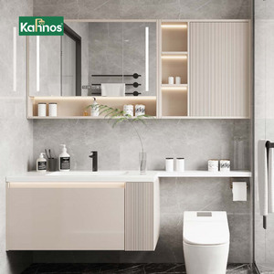 Modern Fluted Design Hotel Use Ceramic Basin Bathroom Vanity with LED Lighted Mirror Cabinet Wall-Mounted Single Sink Vanity Set - Product Image 1