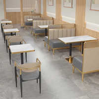 Ensemble table et chaises de salle à manger italien, style moderne minimaliste de luxe léger, surface en acier inoxydable avec bordure enveloppée, pour restaurant, hôtel, bar